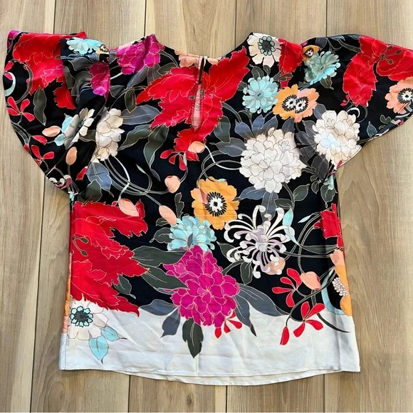Trina Turk Floral Silk Blouse - Red, Black, and White / L - Picture 3 of 5